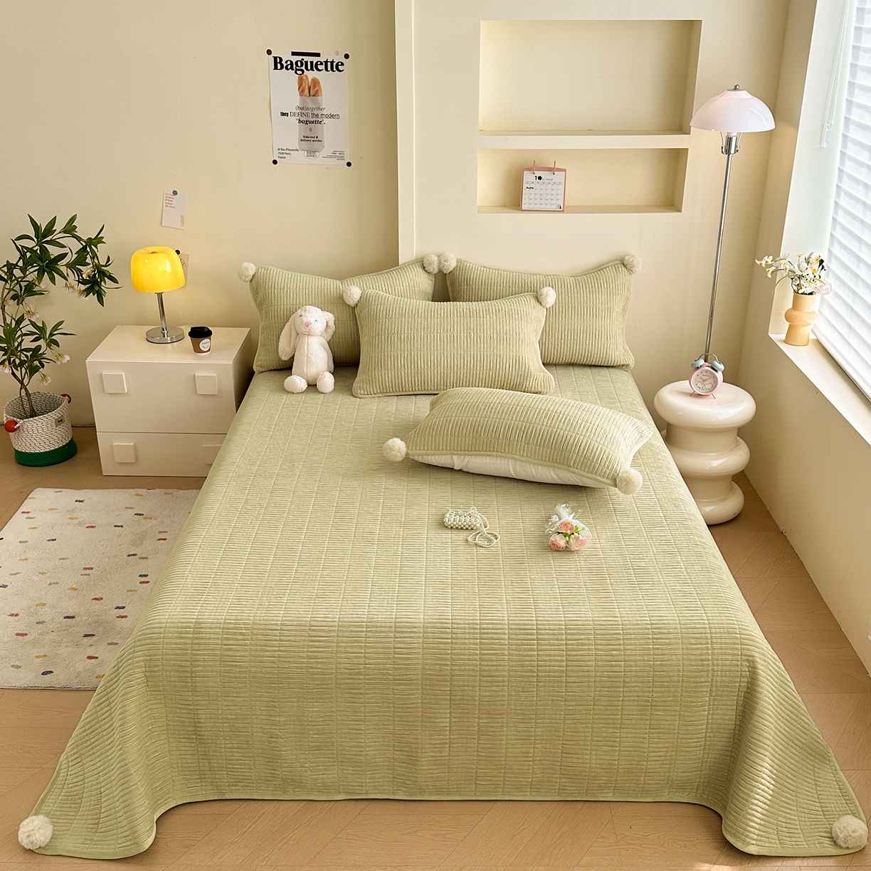 91家纺网 家纺一手货源 找家纺 寐居家纺 2025新款婴儿皱皱绒纯色床盖三件套 青岚-苹果绿