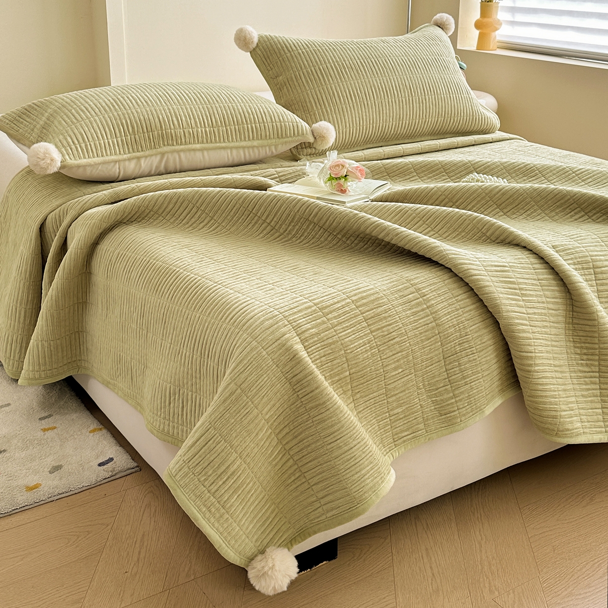 91家纺网 家纺一手货源 找家纺 寐居家纺 2025新款婴儿皱皱绒纯色床盖三件套 青岚-苹果绿