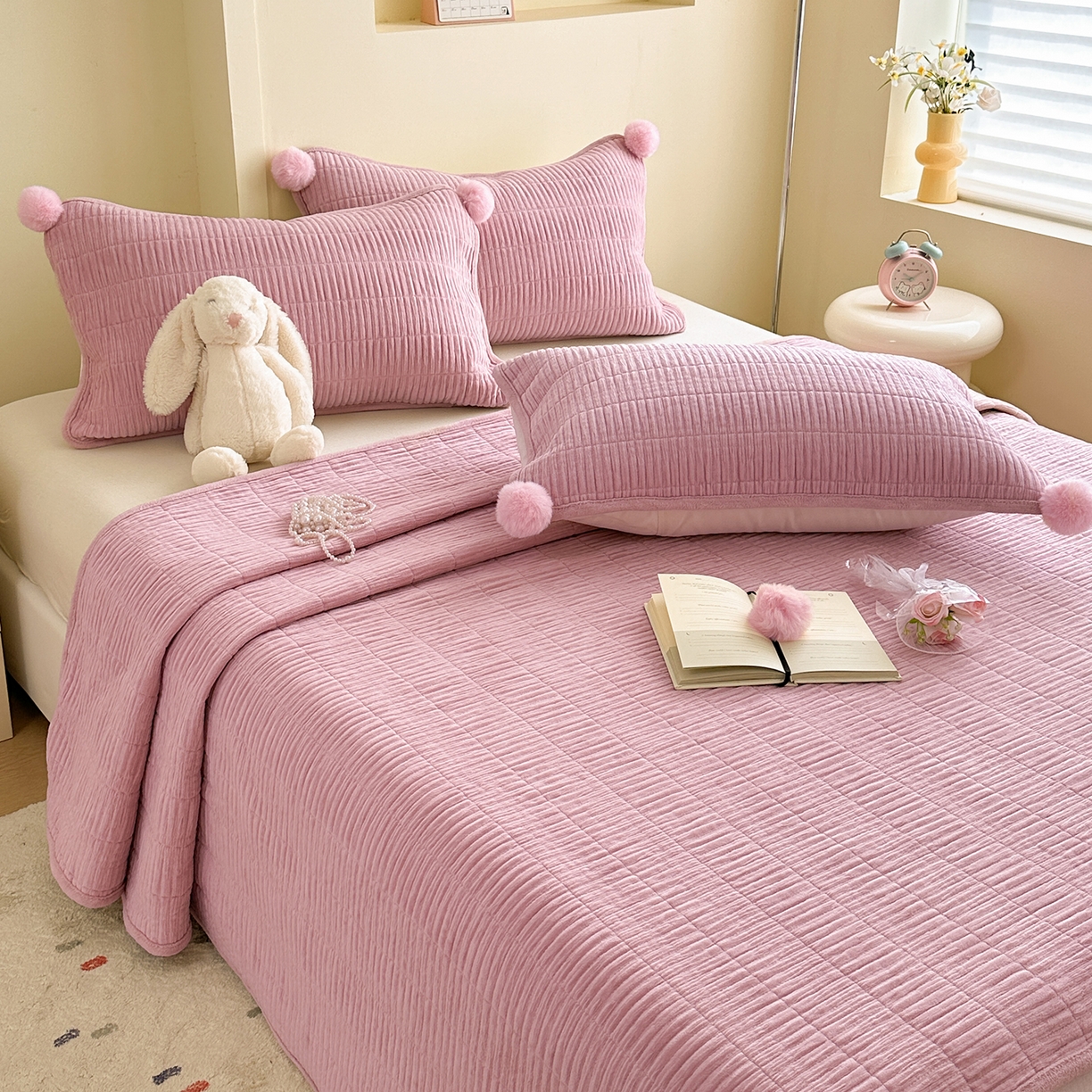 寐居家纺 2025新款婴儿皱皱绒纯色床盖三件套 青岚-豆沙粉