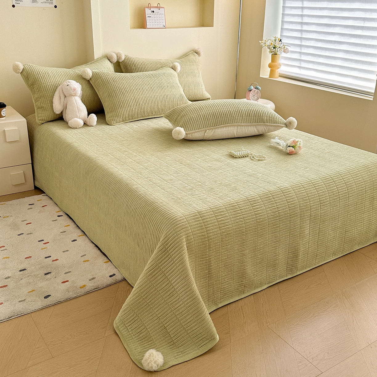 91家纺网 家纺一手货源 找家纺 寐居家纺 2025新款婴儿皱皱绒纯色床盖三件套 青岚-苹果绿