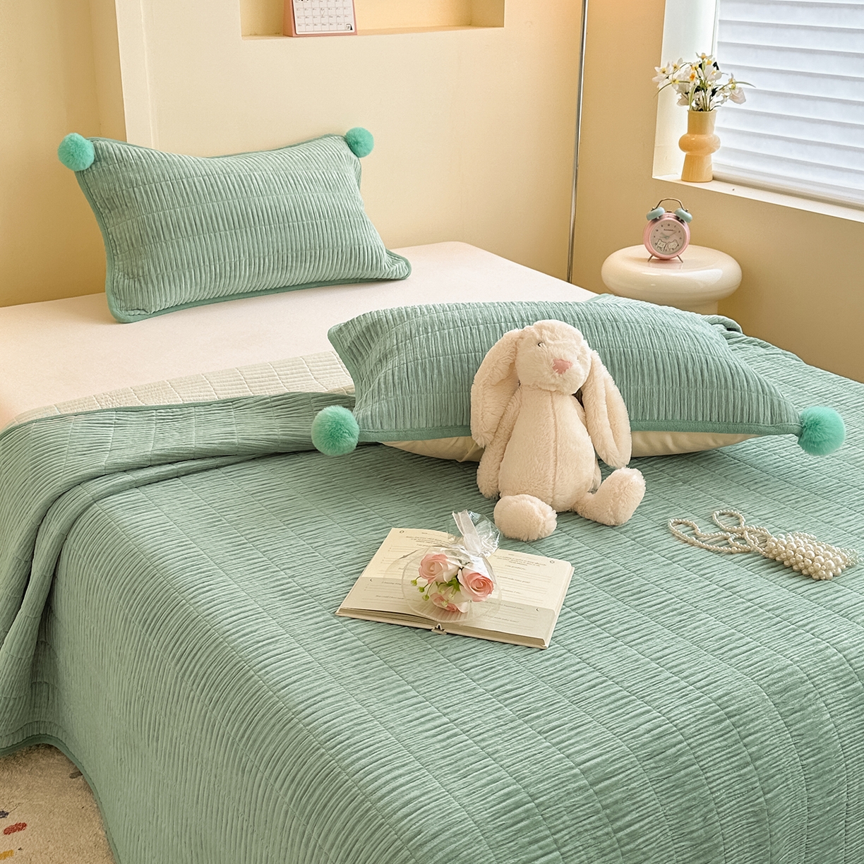 91家纺网 家纺一手货源 找家纺 寐居家纺 2025新款婴儿皱皱绒纯色床盖三件套 青岚-田园绿