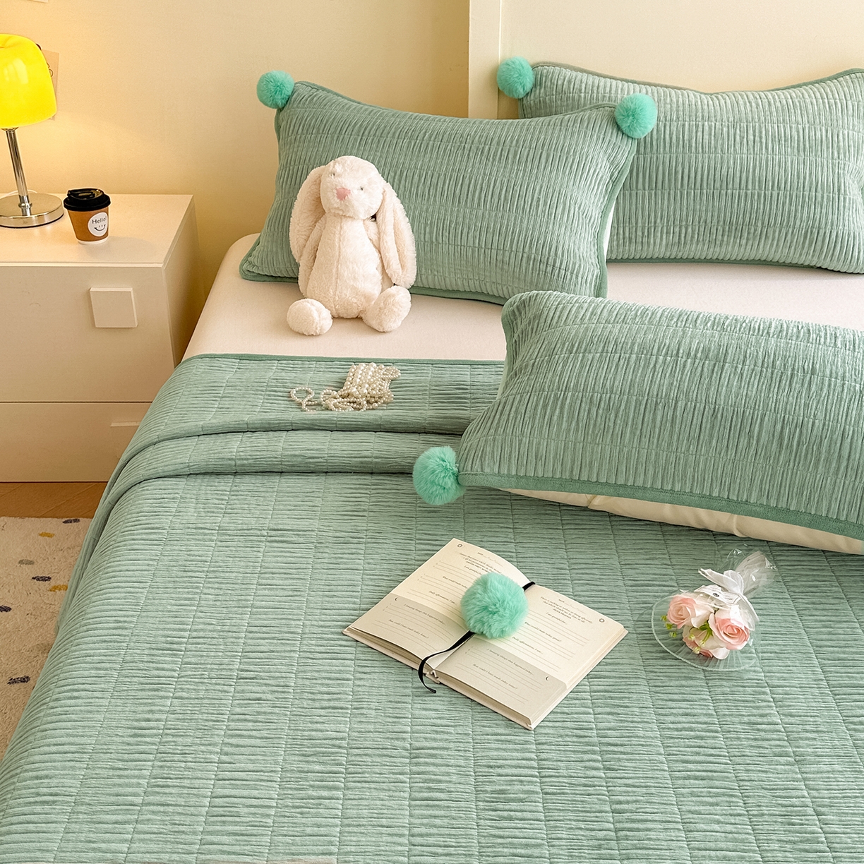 91家纺网 家纺一手货源 找家纺 寐居家纺 2025新款婴儿皱皱绒纯色床盖三件套 青岚-田园绿