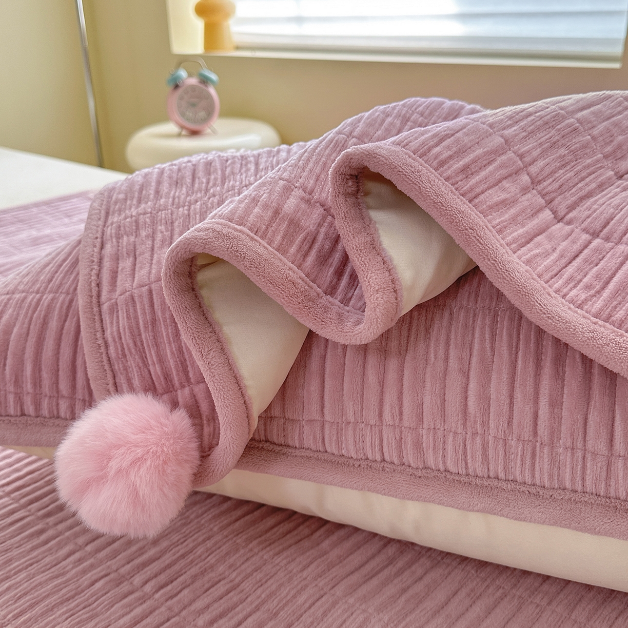 91家纺网 家纺一手货源 找家纺 寐居家纺 2025新款婴儿皱皱绒纯色床盖三件套 青岚-豆沙粉