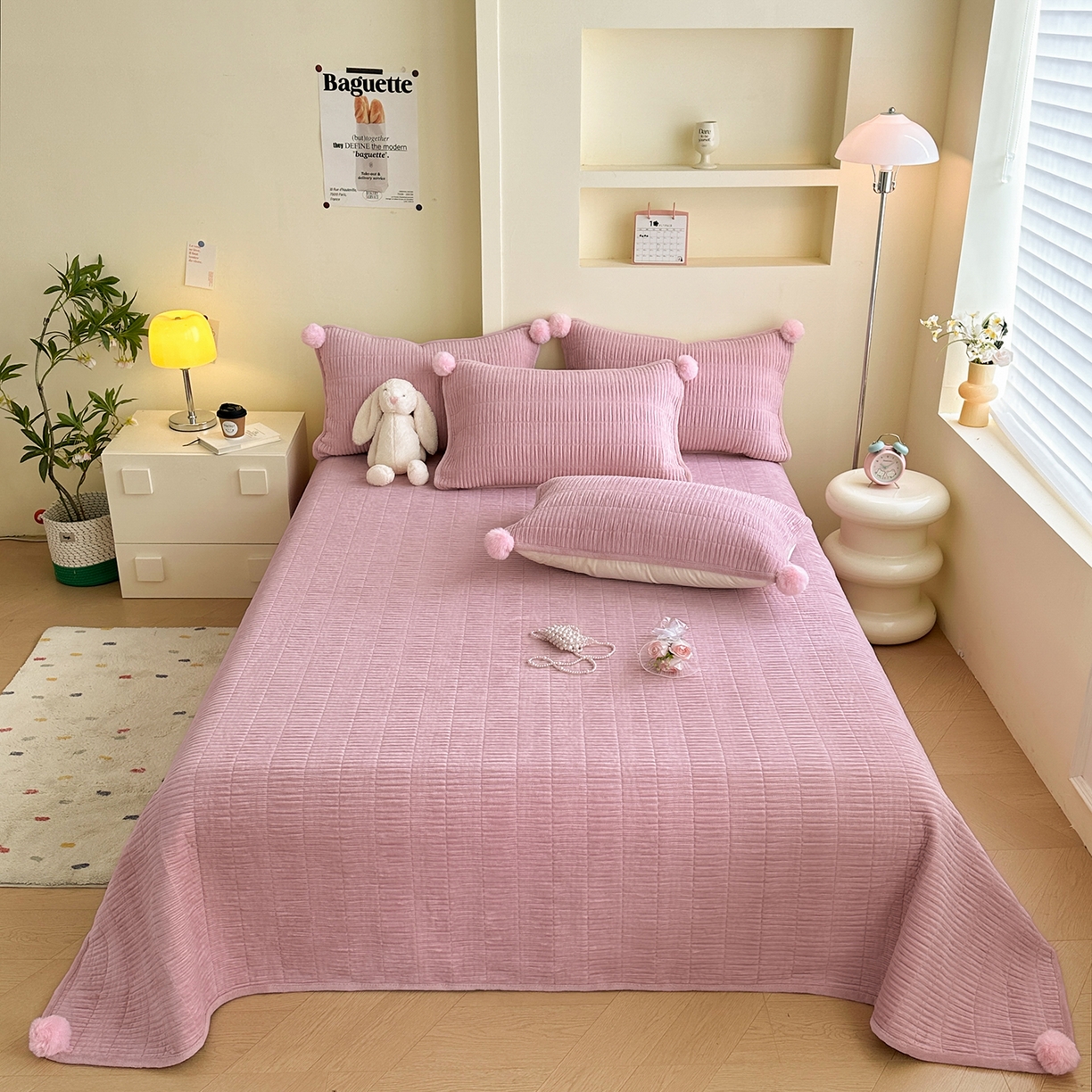 91家纺网 家纺一手货源 找家纺 寐居家纺 2025新款婴儿皱皱绒纯色床盖三件套 青岚-豆沙粉