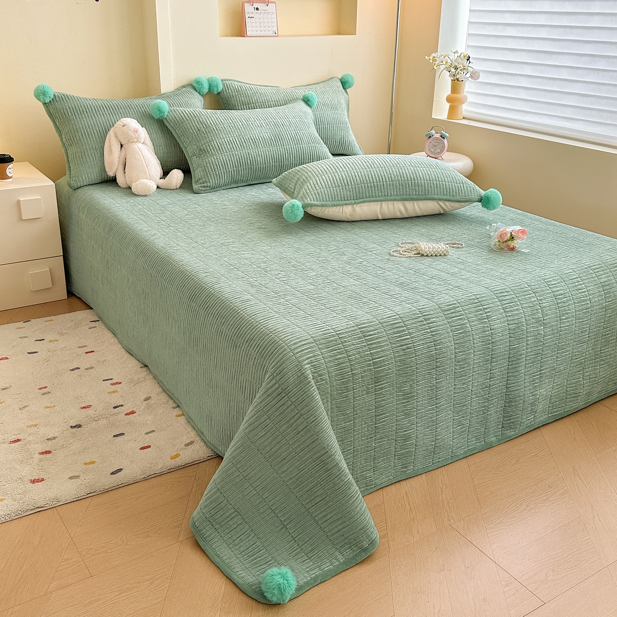 91家纺网 家纺一手货源 找家纺 寐居家纺 2025新款婴儿皱皱绒纯色床盖三件套 青岚-田园绿