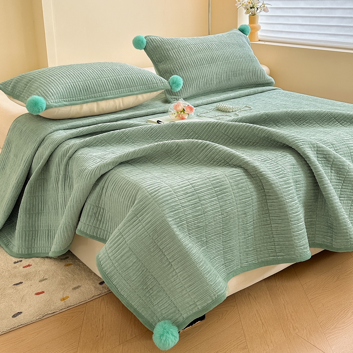 91家纺网 家纺一手货源 找家纺 寐居家纺 2025新款婴儿皱皱绒纯色床盖三件套 青岚-田园绿