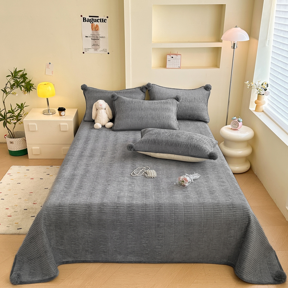 91家纺网 家纺一手货源 找家纺 寐居家纺 2025新款婴儿皱皱绒纯色床盖三件套 青岚-星夜灰