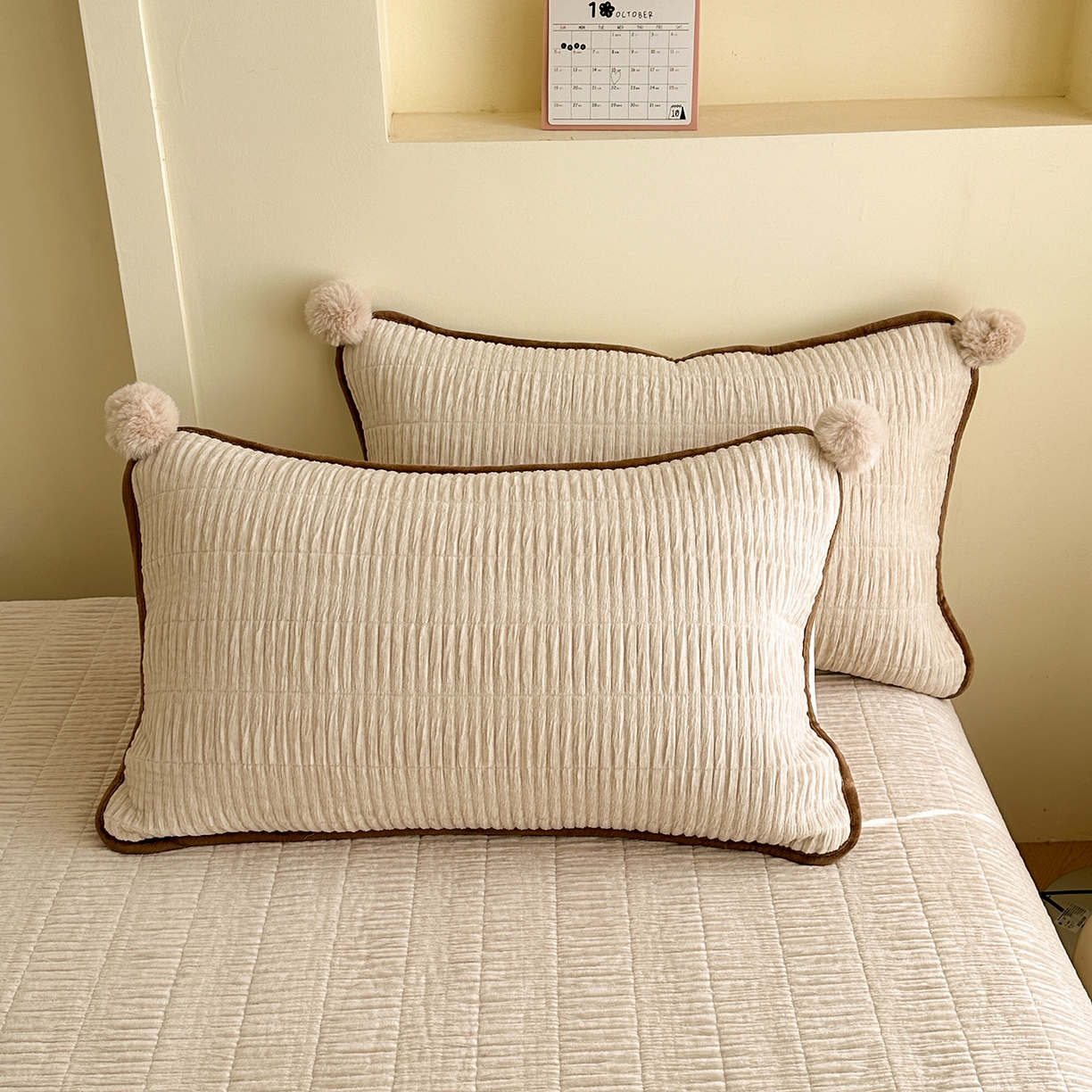 91家纺网 家纺一手货源 找家纺 寐居家纺 2025新款婴儿皱皱绒纯色床盖三件套 青岚-杏仁白