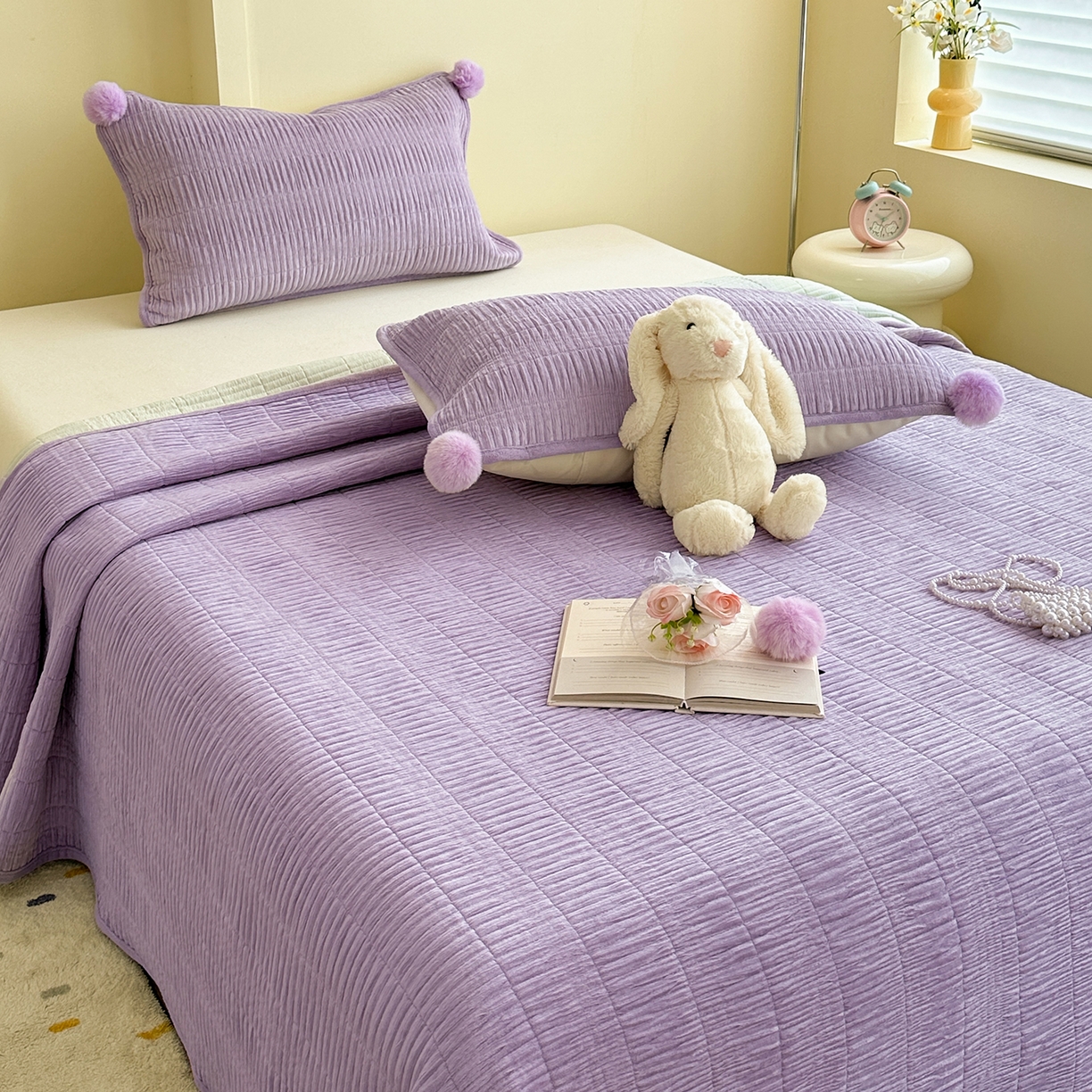 91家纺网 家纺一手货源 找家纺 寐居家纺 2025新款婴儿皱皱绒纯色床盖三件套 青岚-芙蓉紫