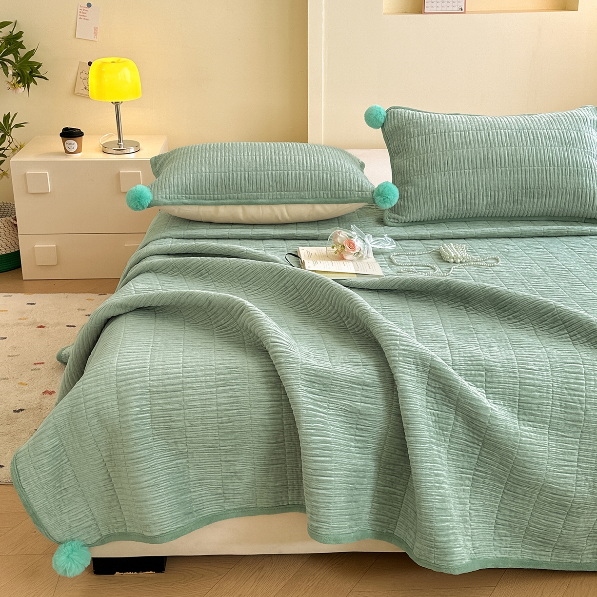 91家纺网 家纺一手货源 找家纺 寐居家纺 2025新款婴儿皱皱绒纯色床盖三件套 青岚-田园绿