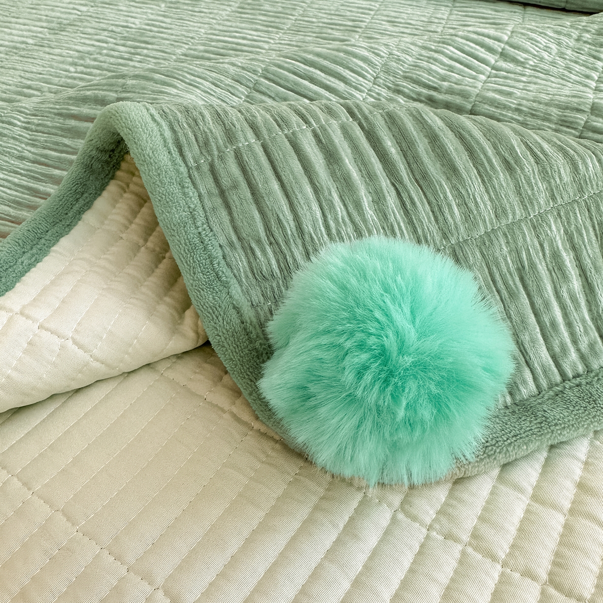 91家纺网 家纺一手货源 找家纺 寐居家纺 2025新款婴儿皱皱绒纯色床盖三件套 青岚-田园绿