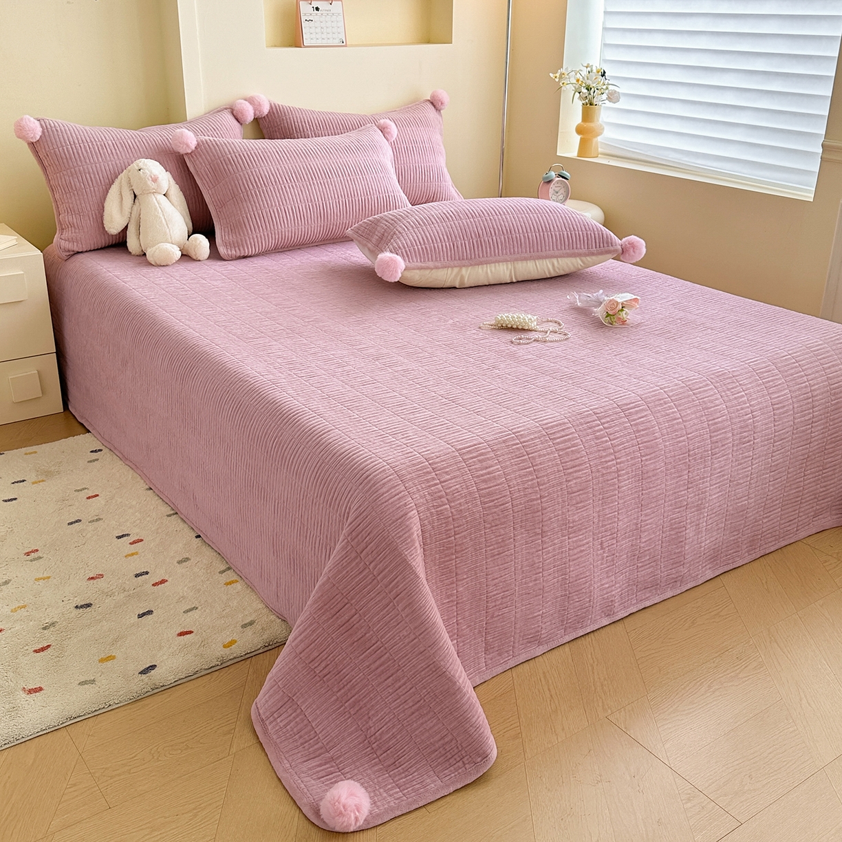 91家纺网 家纺一手货源 找家纺 寐居家纺 2025新款婴儿皱皱绒纯色床盖三件套 青岚-豆沙粉