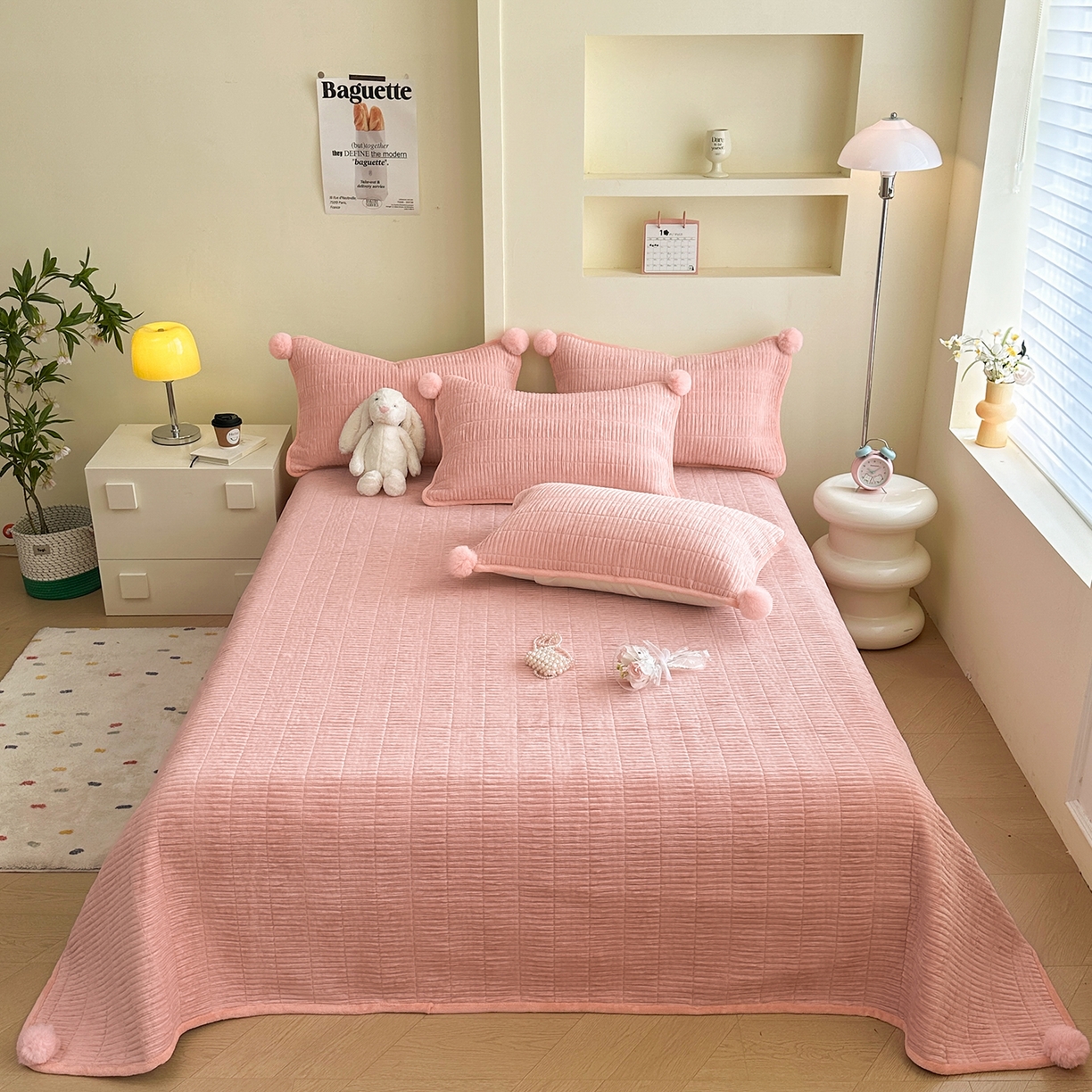 91家纺网 家纺一手货源 找家纺 寐居家纺 2025新款婴儿皱皱绒纯色床盖三件套 青岚-木槿粉