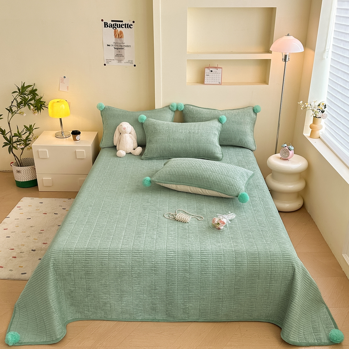 91家纺网 家纺一手货源 找家纺 寐居家纺 2025新款婴儿皱皱绒纯色床盖三件套 青岚-田园绿