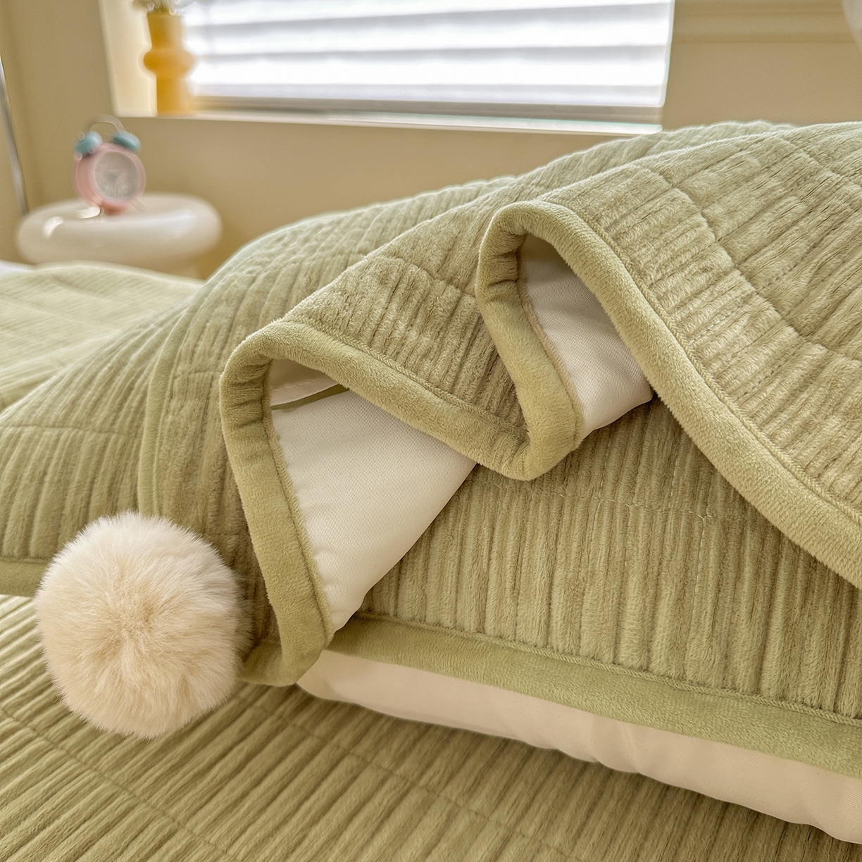 91家纺网 家纺一手货源 找家纺 寐居家纺 2025新款婴儿皱皱绒纯色床盖三件套 青岚-苹果绿