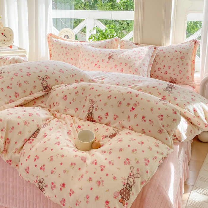 91家纺网 家纺一手货源 找家纺 梦可莱家居 2025冬新款牛奶绒加厚保暖花边床盖四件套系列简单款 粉色兔