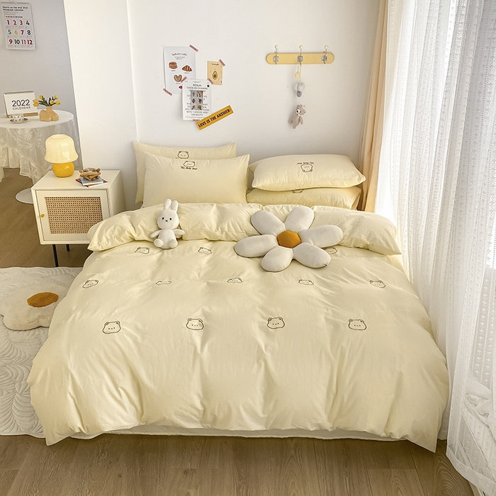 琪格格纺织 2025新款40s全棉纯棉小熊绣花系列四件套 嘟嘟熊 奶油黄