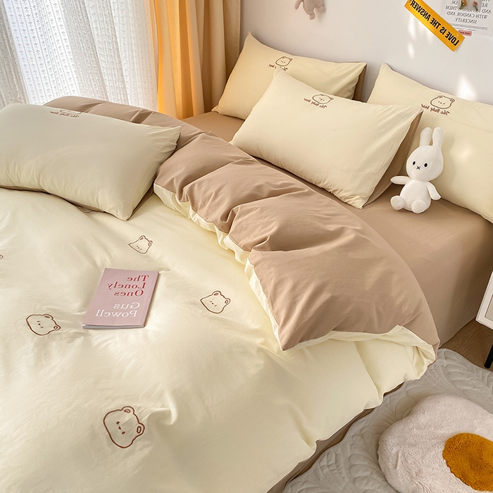 91家纺网 家纺一手货源 找家纺 琪格格纺织 2025新款40s全棉纯棉小熊绣花系列四件套 嘟嘟熊 卡其黄