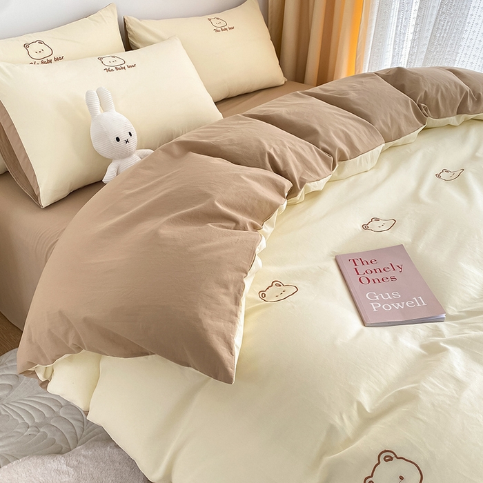 91家纺网 家纺一手货源 找家纺 琪格格纺织 2025新款40s全棉纯棉小熊绣花系列四件套 嘟嘟熊 卡其黄