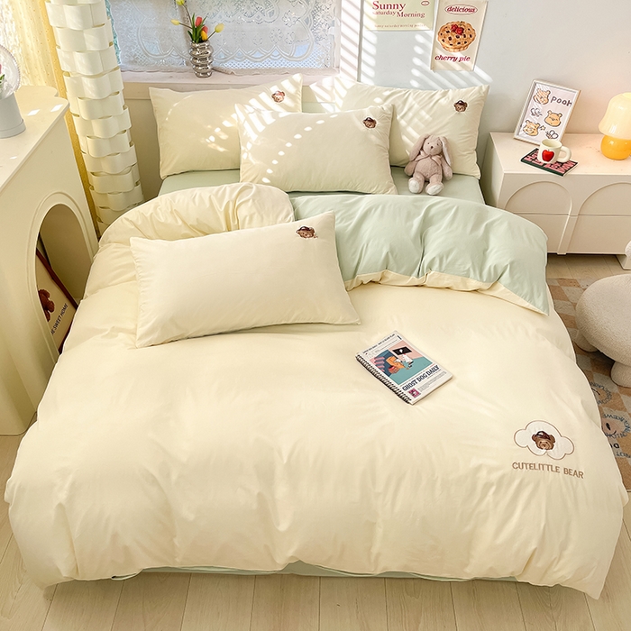 琪格格纺织 2025新款40s全棉纯棉小熊绣花系列四件套 奶油熊  米白配水绿