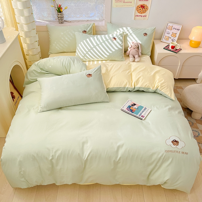 琪格格纺织 2025新款40s全棉纯棉小熊绣花系列四件套 奶油熊  水绿配米白