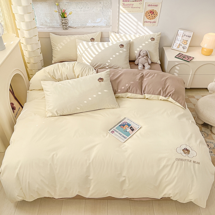 琪格格纺织 2025新款40s全棉纯棉小熊绣花系列四件套 奶油熊-米白咖