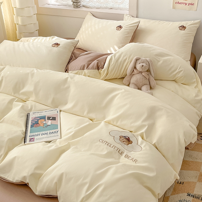 91家纺网 家纺一手货源 找家纺 琪格格纺织 2025新款40s全棉纯棉小熊绣花系列四件套 奶油熊-米白咖