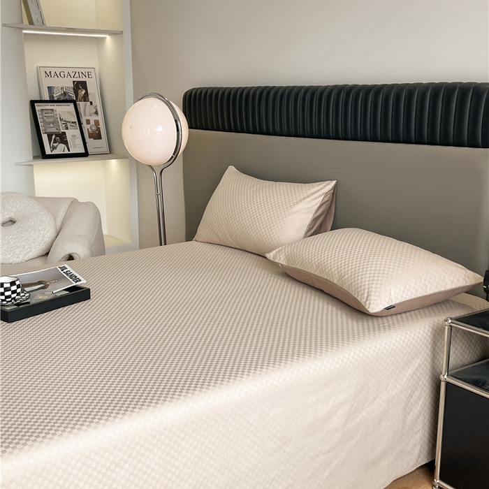 91家纺网 家纺一手货源 找家纺 琪格格纺织 2025新款60S长绒棉纯棉小方格单床单-单床笠 杏仁-60S新疆长绒棉