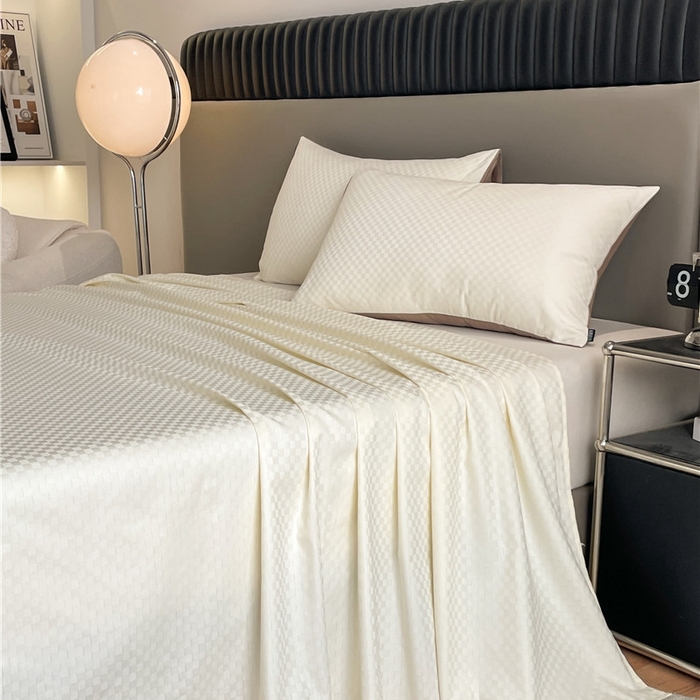 91家纺网 家纺一手货源 找家纺 琪格格纺织 2025新款60S长绒棉纯棉小方格单床单-单床笠 奶昔白-60S新疆长绒棉