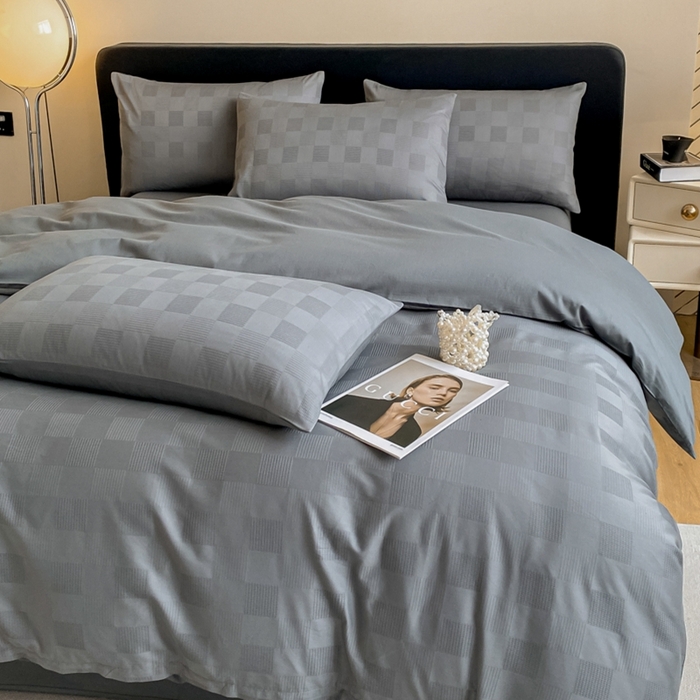 91家纺网 家纺一手货源 找家纺 琪格格纺织 2025新款60S长绒棉纯棉小方格四件套单被套 60长绒棉 简格深灰
