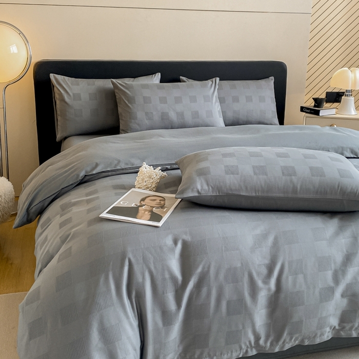 91家纺网 家纺一手货源 找家纺 琪格格纺织 2025新款60S长绒棉纯棉小方格四件套单被套 60长绒棉 简格深灰