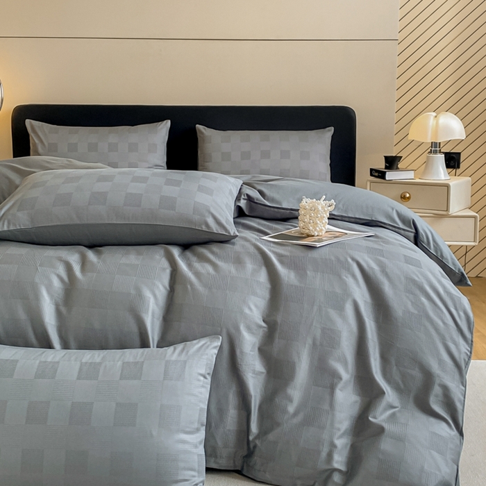 91家纺网 家纺一手货源 找家纺 琪格格纺织 2025新款60S长绒棉纯棉小方格四件套单被套 60长绒棉 简格深灰