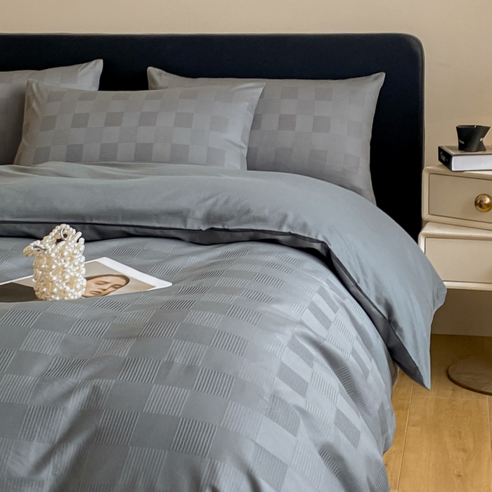 91家纺网 家纺一手货源 找家纺 琪格格纺织 2025新款60S长绒棉纯棉小方格四件套单被套 60长绒棉 简格深灰