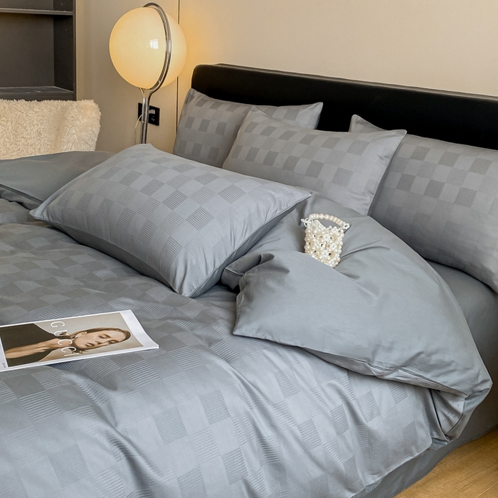 91家纺网 家纺一手货源 找家纺 琪格格纺织 2025新款60S长绒棉纯棉小方格四件套单被套 60长绒棉 简格深灰