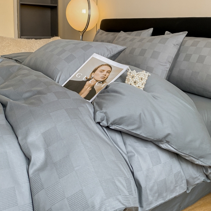 91家纺网 家纺一手货源 找家纺 琪格格纺织 2025新款60S长绒棉纯棉小方格四件套单被套 60长绒棉 简格深灰
