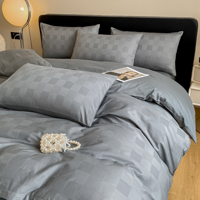 91家纺网 家纺一手货源 找家纺 琪格格纺织 2025新款60S长绒棉纯棉小方格四件套单被套 60长绒棉 简格深灰