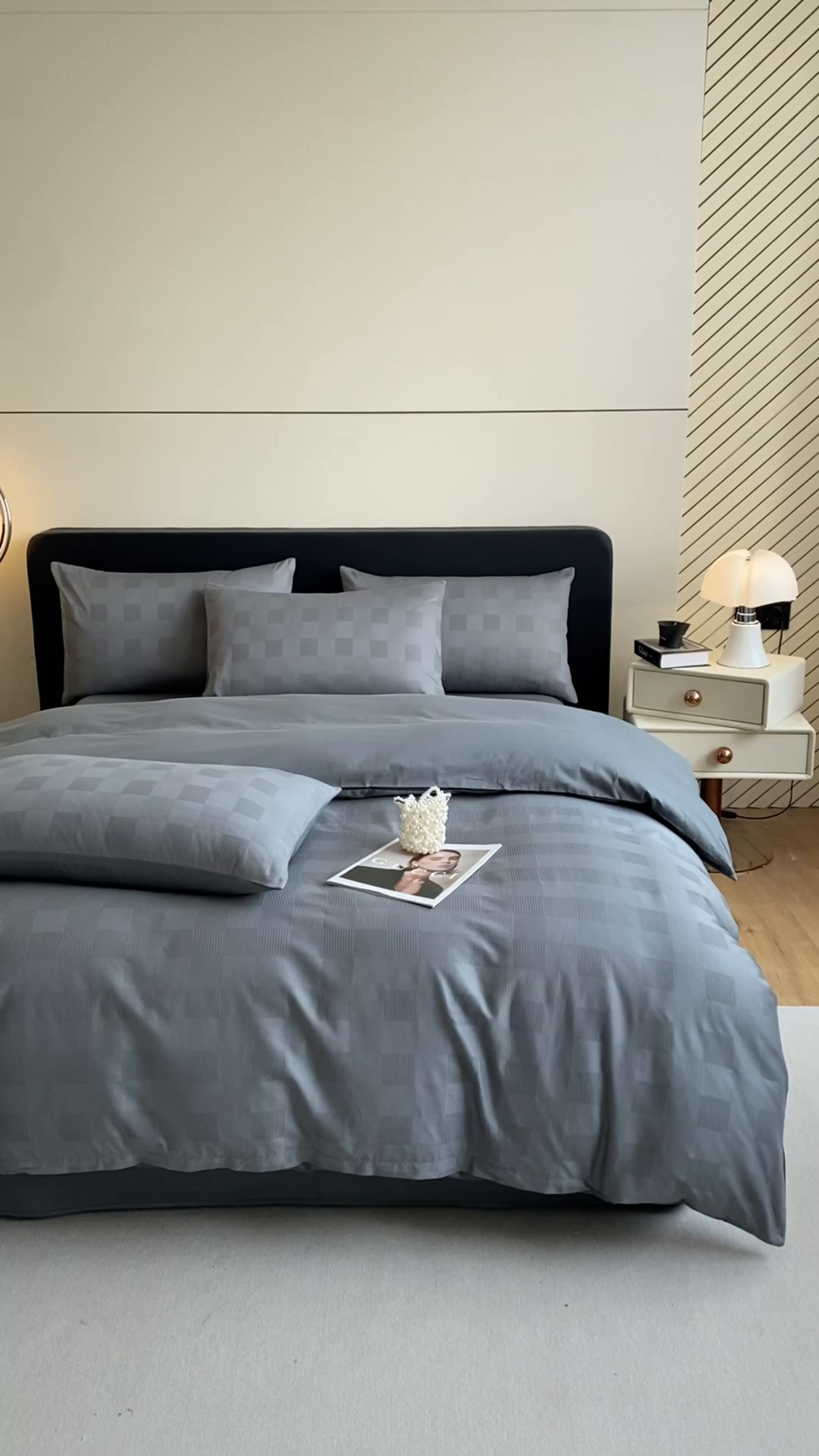 91家纺网 家纺一手货源 找家纺 琪格格纺织 2025新款60S长绒棉纯棉小方格四件套单被套 60长绒棉 简格深灰