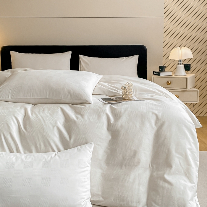 91家纺网 家纺一手货源 找家纺 琪格格纺织 2025新款60S长绒棉纯棉小方格四件套单被套 60长绒棉 简格本白