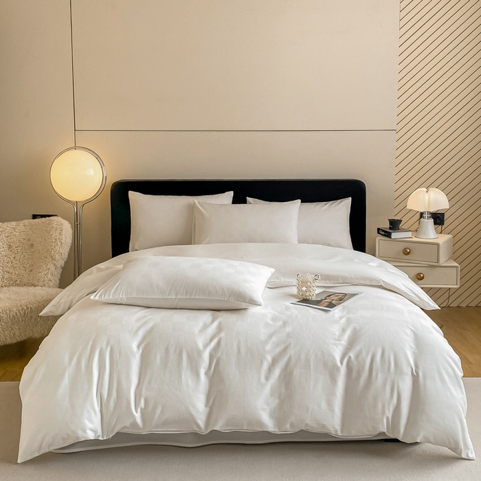 91家纺网 家纺一手货源 找家纺 琪格格纺织 2025新款60S长绒棉纯棉小方格四件套单被套 60长绒棉 简格本白