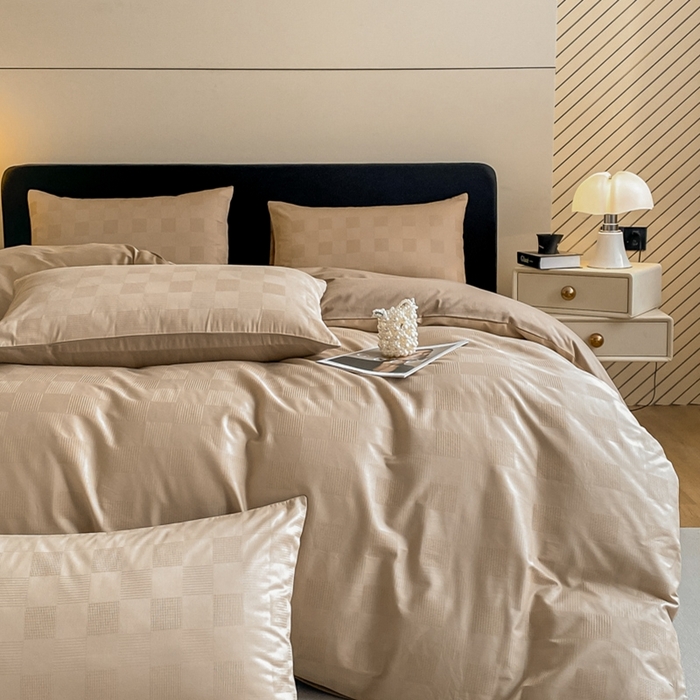 91家纺网 家纺一手货源 找家纺 琪格格纺织 2025新款60S长绒棉纯棉小方格四件套单被套 60长绒棉 简格亚麻棕