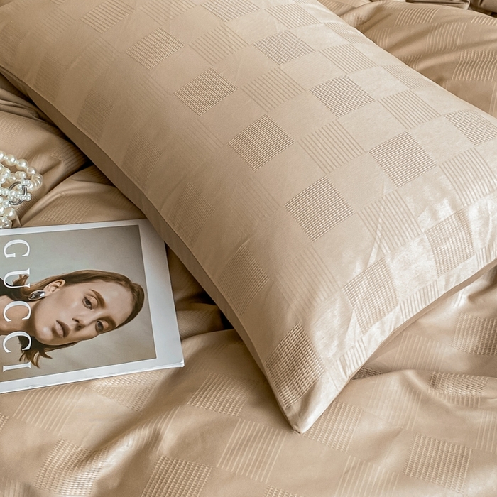 91家纺网 家纺一手货源 找家纺 琪格格纺织 2025新款60S长绒棉纯棉小方格四件套单被套 60长绒棉 简格亚麻棕