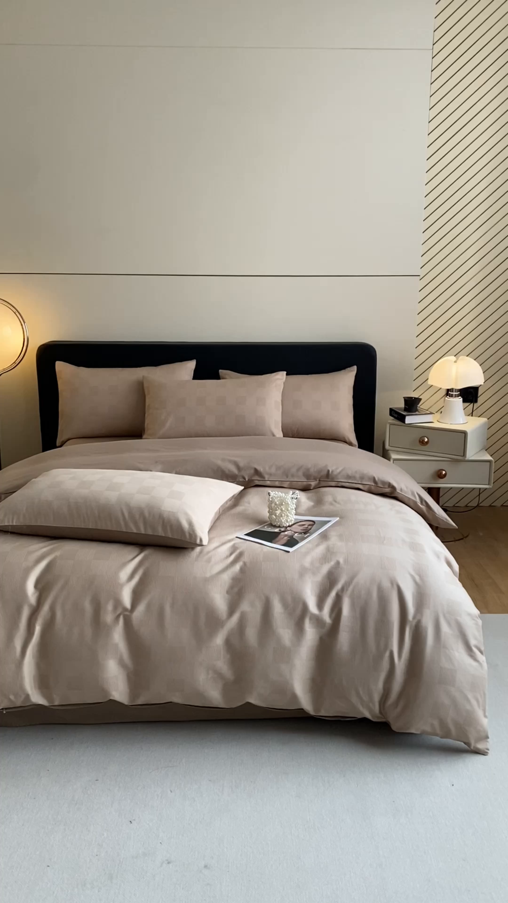 91家纺网 家纺一手货源 找家纺 琪格格纺织 2025新款60S长绒棉纯棉小方格四件套单被套 60长绒棉 简格亚麻棕