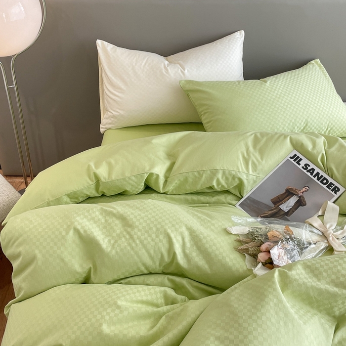 91家纺网 家纺一手货源 找家纺 琪格格纺织 2025新款60S长绒棉纯棉小方格四件套单被套 60长绒棉-纯果绿