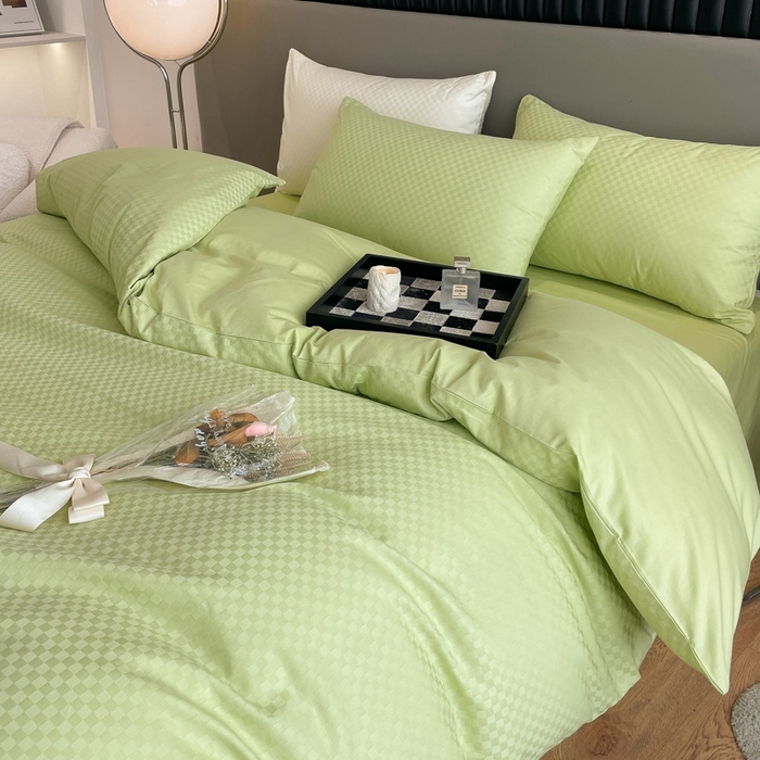 91家纺网 家纺一手货源 找家纺 琪格格纺织 2025新款60S长绒棉纯棉小方格四件套单被套 60长绒棉-纯果绿