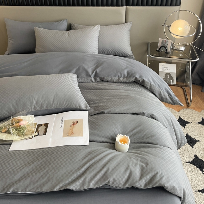 91家纺网 家纺一手货源 找家纺 琪格格纺织 2025新款60S长绒棉纯棉小方格四件套单被套 60长绒棉-高级灰