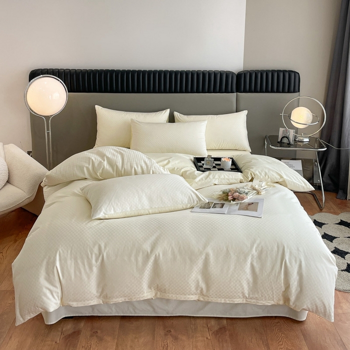 91家纺网 家纺一手货源 找家纺 琪格格纺织 2025新款60S长绒棉纯棉小方格四件套单被套 60长绒棉-奶昔白