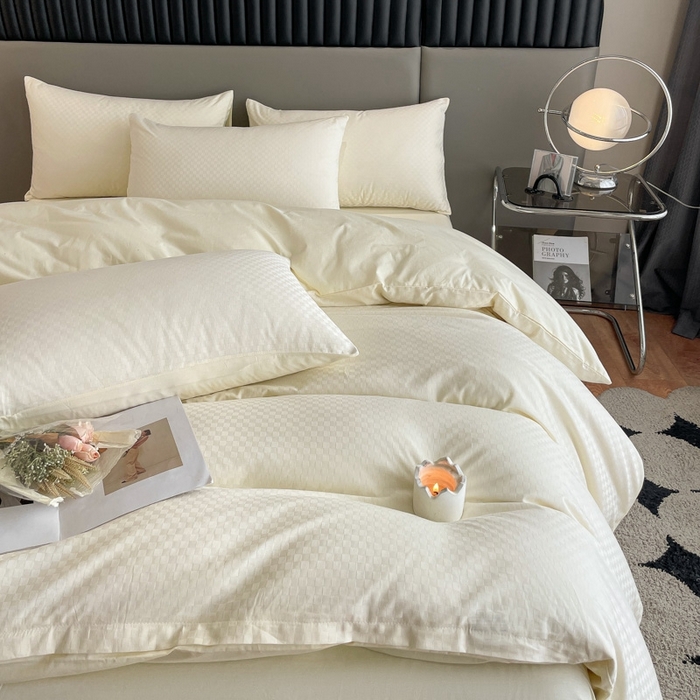 91家纺网 家纺一手货源 找家纺 琪格格纺织 2025新款60S长绒棉纯棉小方格四件套单被套 60长绒棉-奶昔白