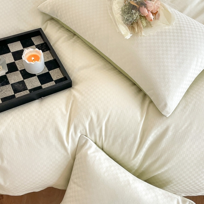 91家纺网 家纺一手货源 找家纺 琪格格纺织 2025新款60S长绒棉纯棉小方格四件套单被套 60长绒棉-奶昔白+果绿