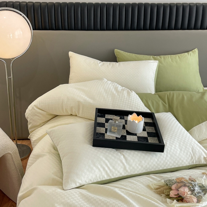 91家纺网 家纺一手货源 找家纺 琪格格纺织 2025新款60S长绒棉纯棉小方格四件套单被套 60长绒棉-奶昔白+果绿