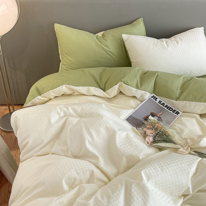 91家纺网 家纺一手货源 找家纺 琪格格纺织 2025新款60S长绒棉纯棉小方格四件套单被套 60长绒棉-奶昔白+果绿